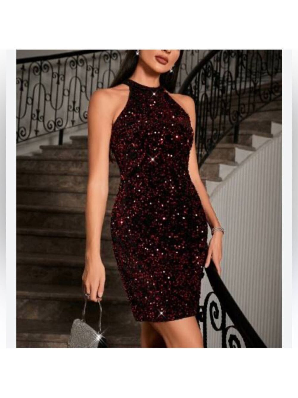 #385 Burgundy Sequin Halter Mini Dress